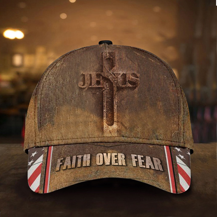 Jesus Cross American Flag Hat Faith Over Fear Hats Men Gift For Christian