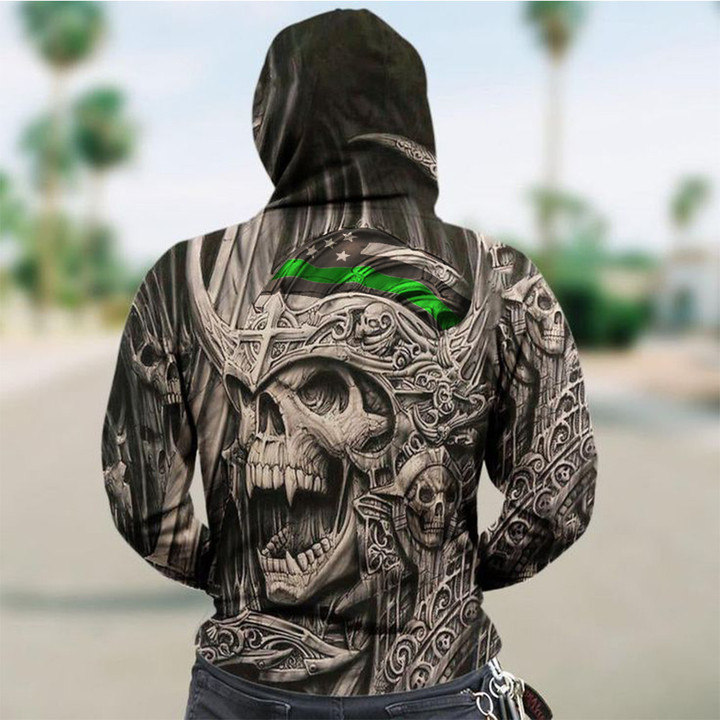 Thin Green Line Skull Hoodie Scary Horror Law Enforcement Horror Clothing Gifts For Him
