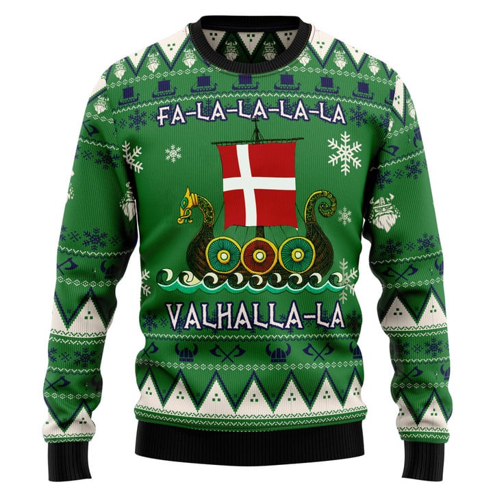Denmark Viking Ugly Christmas Sweater Dragon Boat Fa La La La Valhalla Sweater