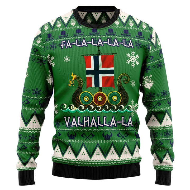 Norway Viking Ugly Christmas Sweater Dragon Boat Fa La La La La Valhalla Sweater