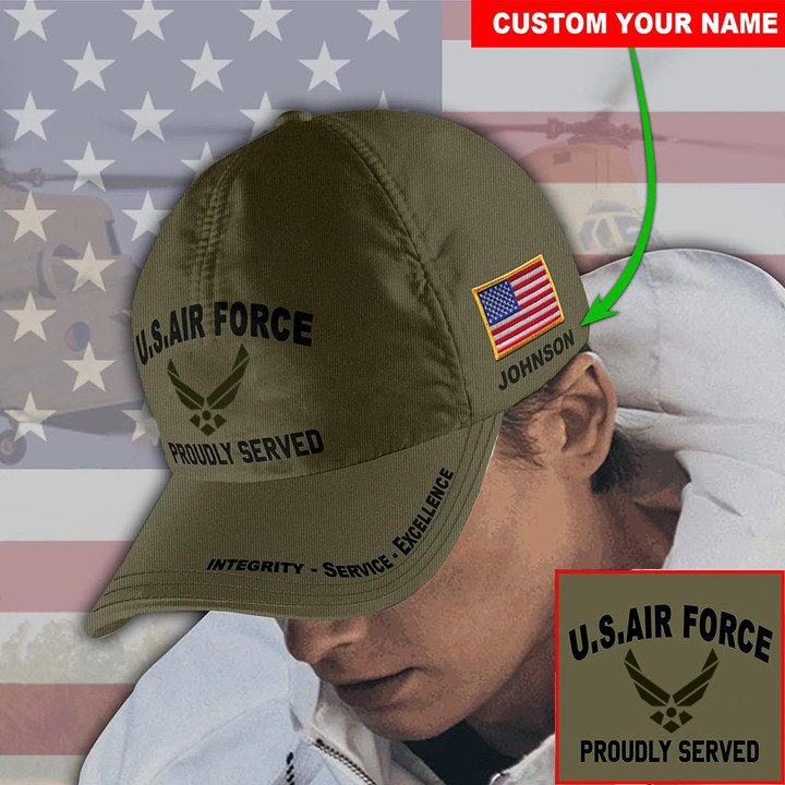 Personalized US Air Force Proudly Served Hat Integrity Service Excellence USAF Hats Merch