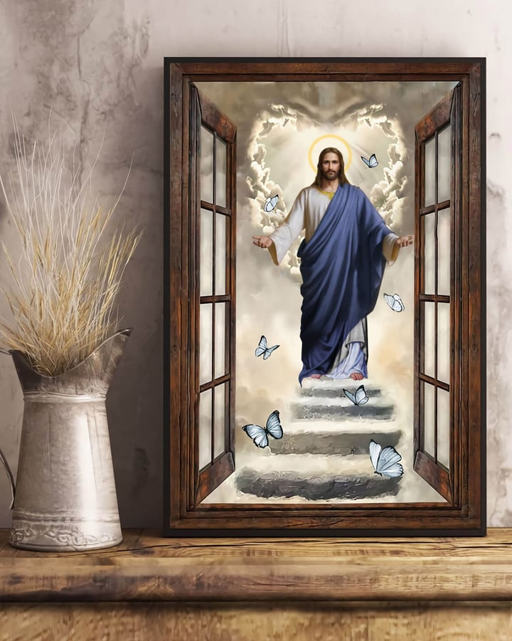 Jesus And Butterflies Outside Window Poster Christian Wall Art House Decor