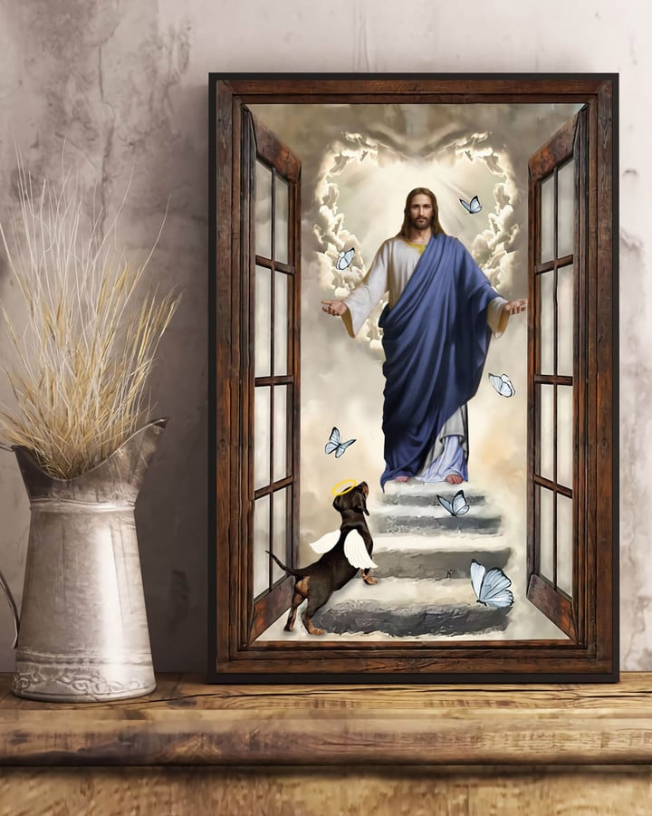 Jesus Dachshund And Butterflies Outside Window Poster Dog Owner Christian Wall Decorations