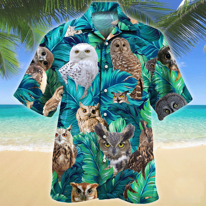 Owl And Palm Leaves Hawaii Shirt Summer Button Up Shirts Gifts For Owl Lovers