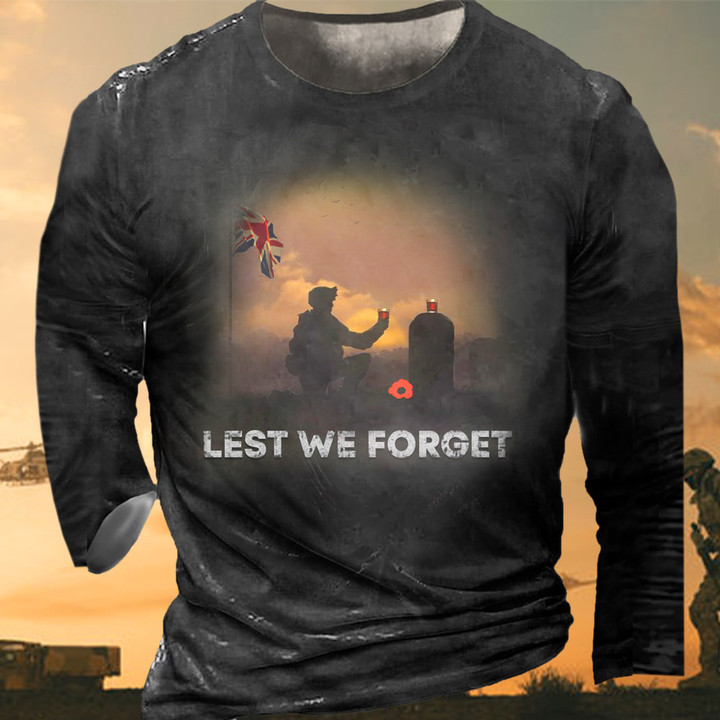UK Flag Lest We Forget Long Sleeve Remembrance Day 2023 Shirts For Brain Veterans