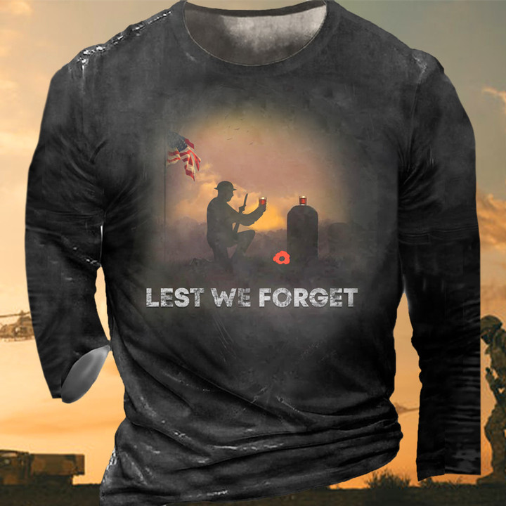 USA Flag Red Poppy Lest We Forget Long Sleeve Shirt Remembering Fallen Soldiers Veterans