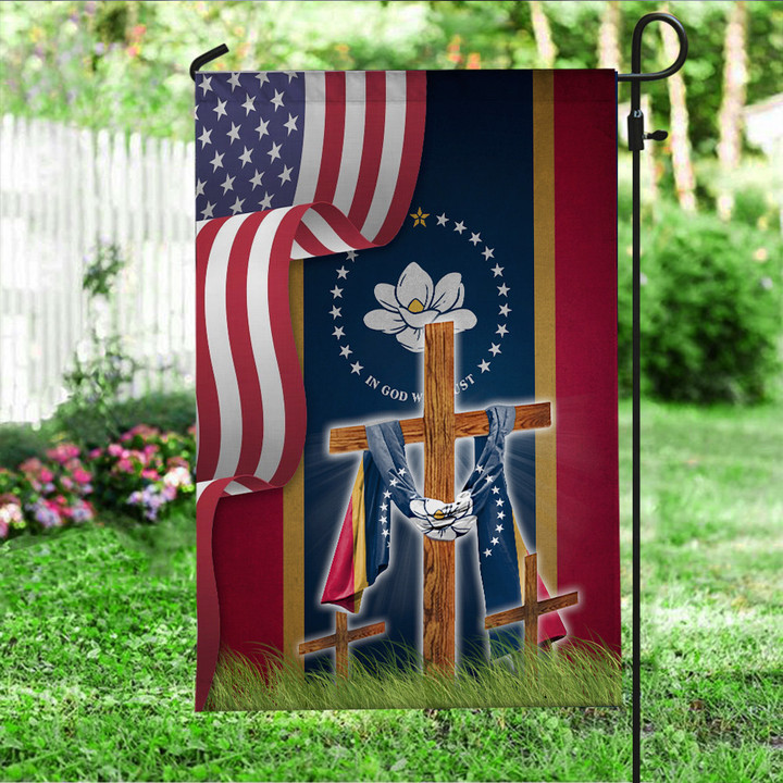 Missippisi Flag With Cross In God We Trust American Flag Patriotic Garden Decor
