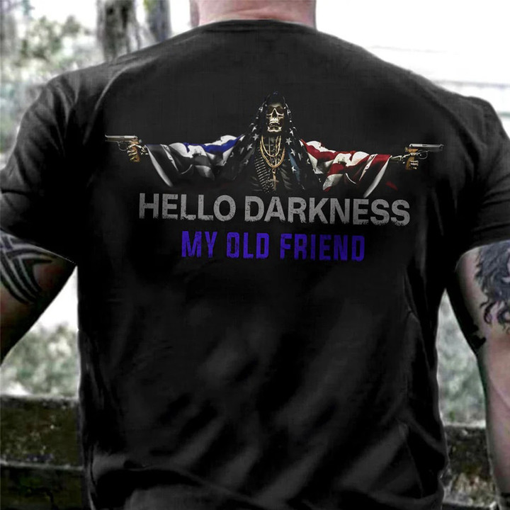 Thin Blue Line And American Flag Skull Hello Darkness My Old Friend T-Shirt Gifts For Police