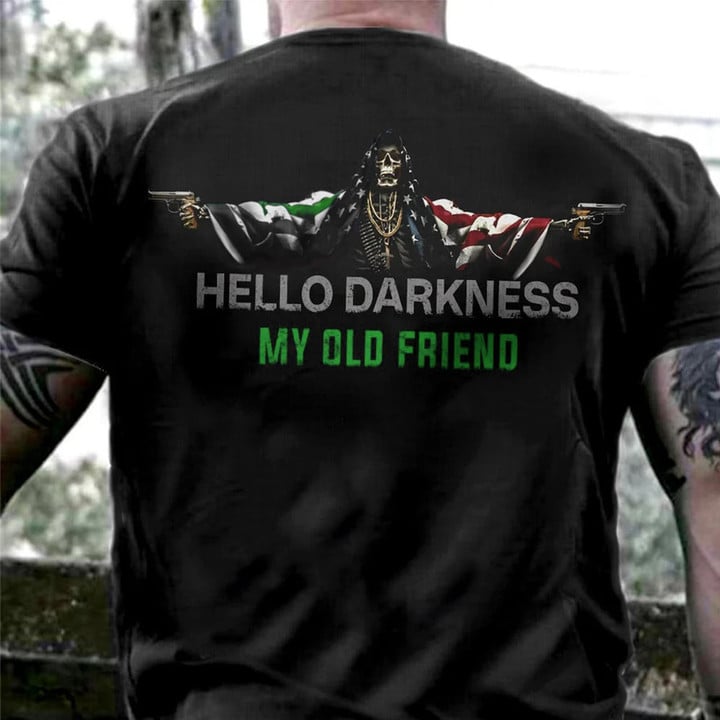 Thin Green Line And American Flag Skull Hello Darkness My Old Friend Shirt Gun Rights Apparel