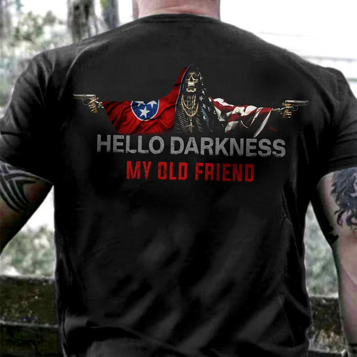 Tennessee And USA Flag Skull Hello Darkness My Old Friend Shirt Patriots Gifts For Gun Lovers