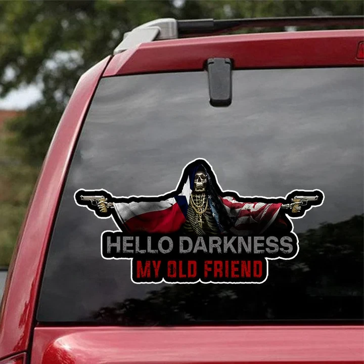Texas And American Flag Skull Hello Darkness My Old Friend Car Sticker Gifts For Boyfriend