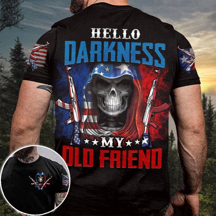 Texas USA Flag Skull With Gun Shirt Hello Darkness My Old Friend T-Shirt Gun Rights