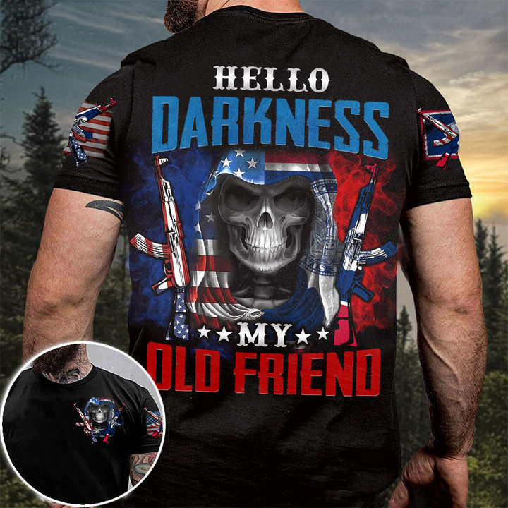 Wyoming USA Flag Skull With Gun Shirt Hello Darkness My Old Friend Mens T-Shirt