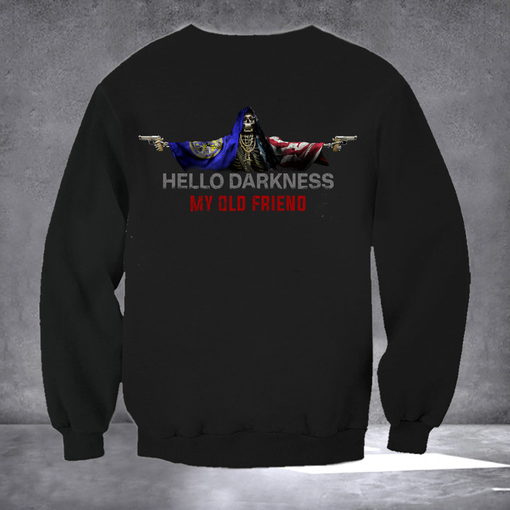 Nebraska And American Flag Skull Hello Darkness My Old Friend Sweatshirt Pro Gun Rights Merch