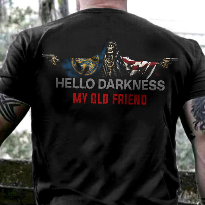 Nebraska And American Flag Skull Hello Darkness My Old Friend V-Neck T-Shirt Gun Merch