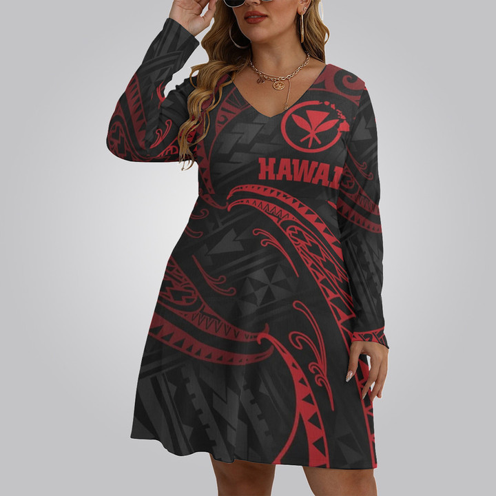 Hawaii Polynesian Art Women's V-neck Long Sleeve Dress