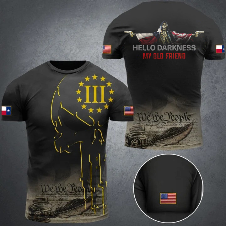Texas And USA Flag Skull With Gun T-Shirt Hello Darkness My Old Friend Shirt Gifts For Texans
