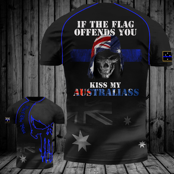 Australia Thin Blue Line T-Shirt Skull If The Flag Offends You Kiss My Australiass Police Merch