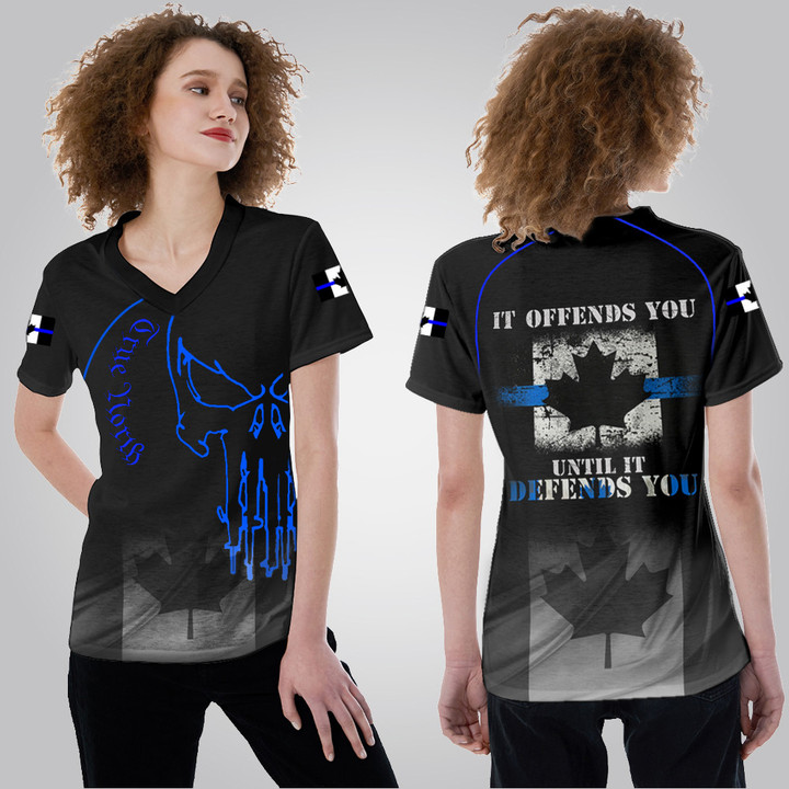 Canada Thin Blue Line V-Neck Women T-Shirt It Offends You Until It Defends You Police Merch