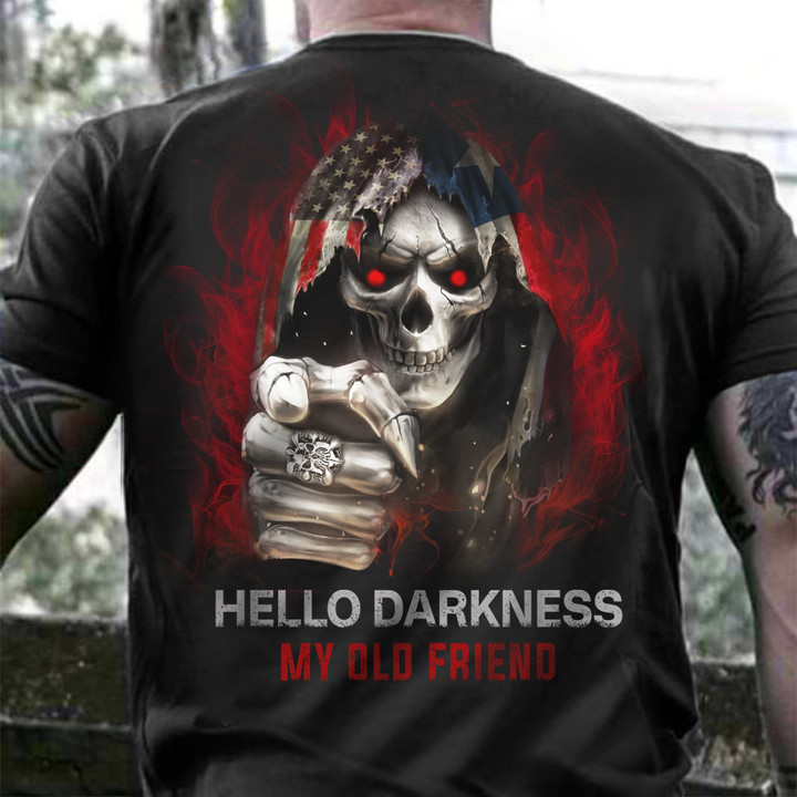Texas And American Flag Skull Shirt Hello Darkness My Old Friend Clothing For Texans