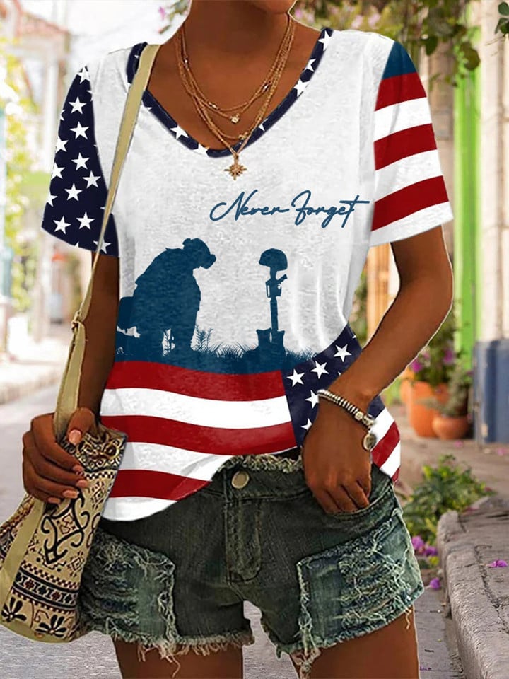 US Soldier Never Forget V-Neck Shirt Remembrance Day Military Patriotic Clothing Women's