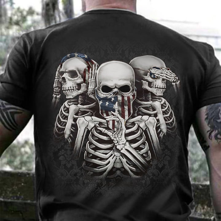 American Flag Three Skeleton T-Shirt Gifts For Men's Skull Lovers