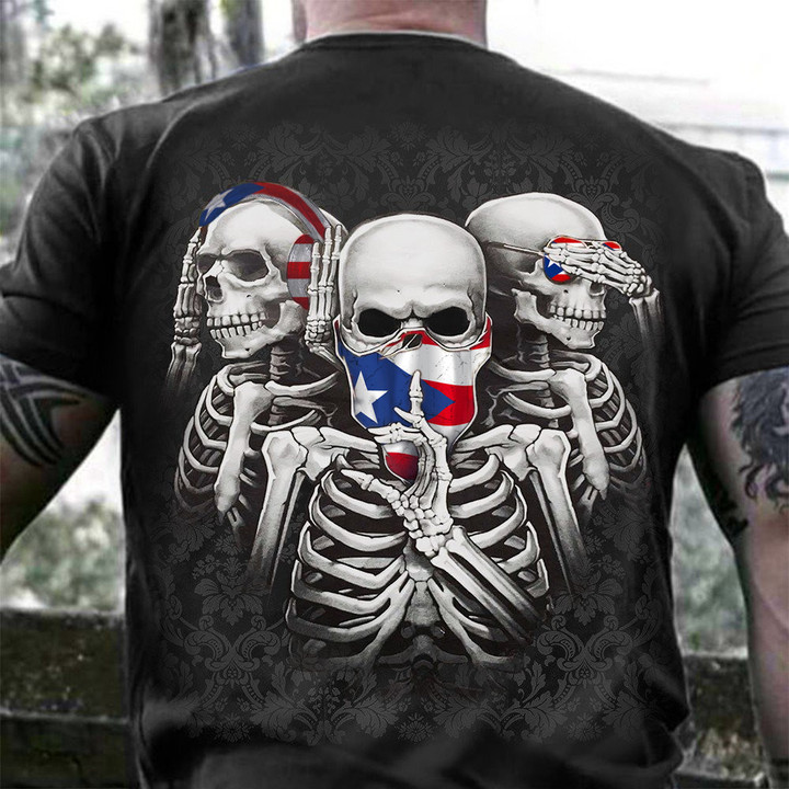 Puerto Rico Three Skeletons No Evil T-Shirt Skull Lover Patriotic Shirts For Men