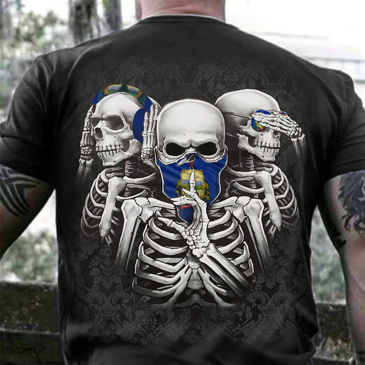 Vermont Three Skeleton No Evil T-Shirt Men's Patriotic Apparel Vermont Gifts