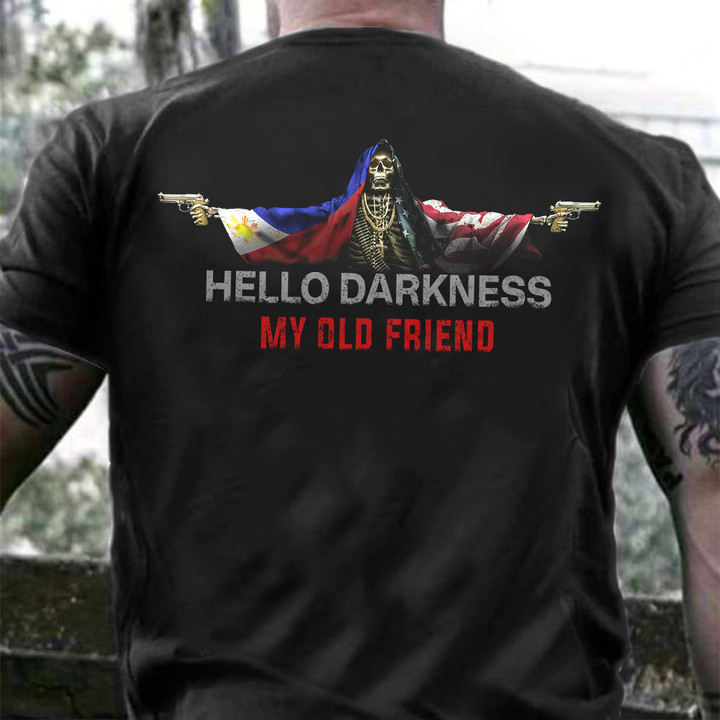 Philippine Flag And American Flag Shirt Skull Hello Darkness My Old Friend Shirt