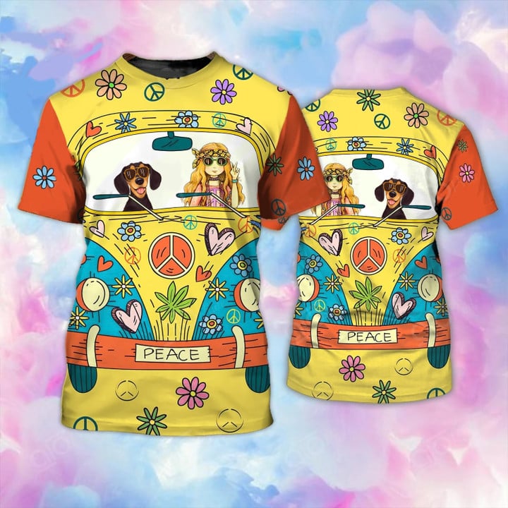 Peace Love Dachshund On Hippie Van Shirt Cute Design T-Shirt Gifts For Dachshund Lovers