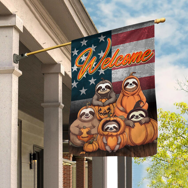 Sloths With Pumpkins Welcome American Flag Cute Sloths Halloween Decor Ideas