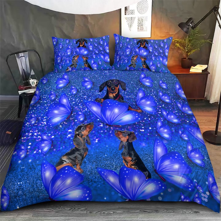 Dachshund And Blue Butterflies Bedding Set Dog Owner Bed Duvet Cover Room Decor