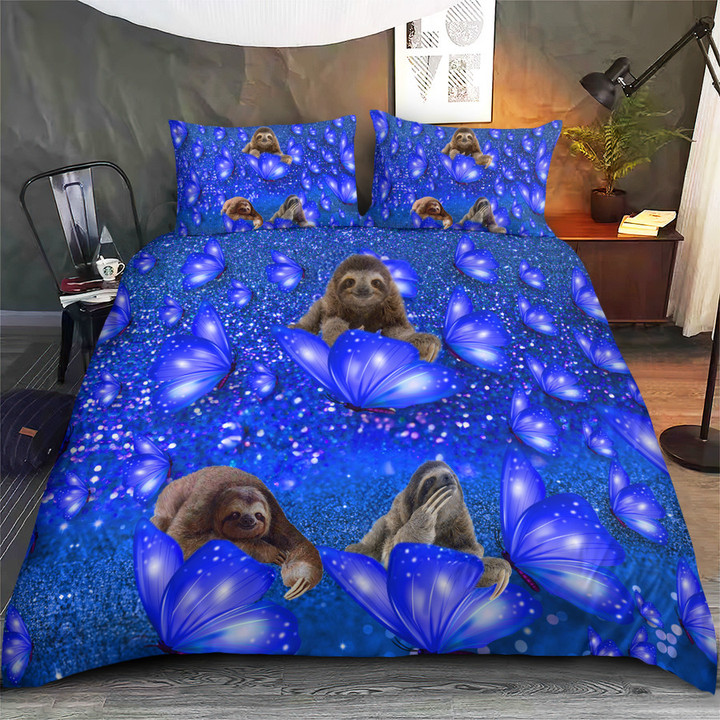 Sloth And Blue Butterflies Bedding Set Sloth Lovers Bed Duvet Cover Set Bedroom Decor