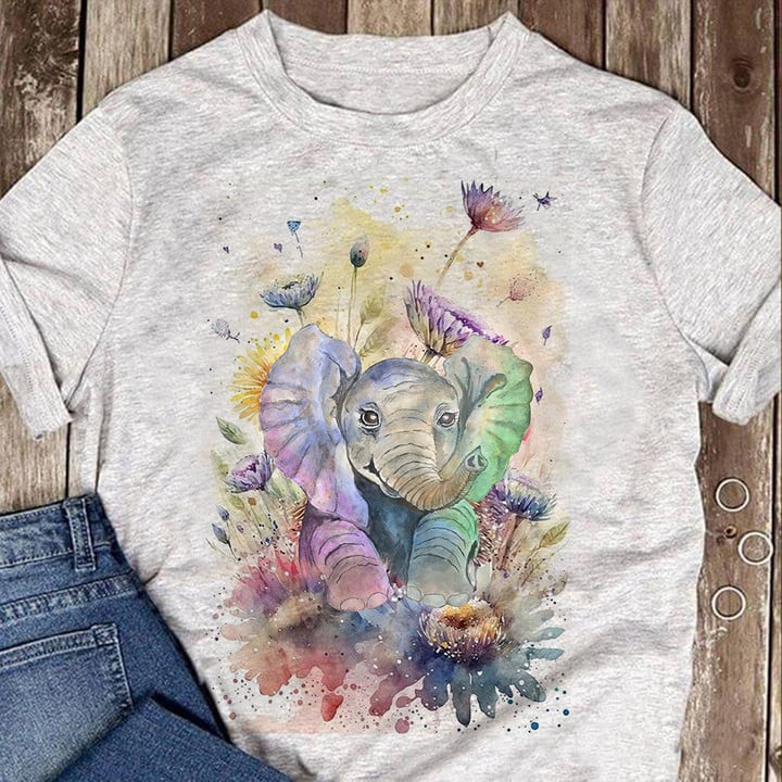 Watercolor Elephant With Flowers Shirt Cute Graphic Tees Gifts For Elephant Lovers