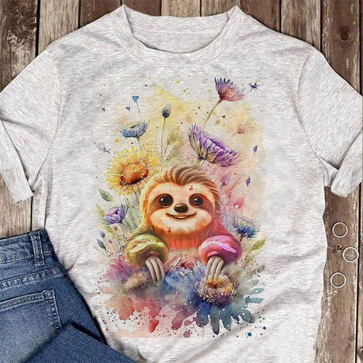 Watercolor Baby Sloth With Flowers Shirt Cute Graphic T-Shirt Gifts For Sloth Lovers