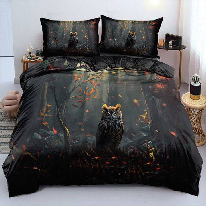 Owl In Autumn Forest Bedding Set Owl Lovers Bed Duvet Cover Set Halloween Home Decor