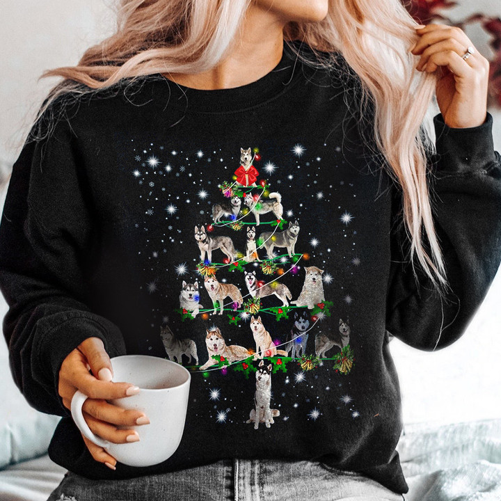 Husky Christmas Tree Sweatshirt Dog Lover Clothing Best 2023 Christmas Gifts