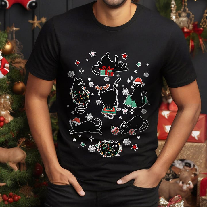 Christmas Black Cats Shirt Funny Christmas T-Shirt Gifts For Men Women