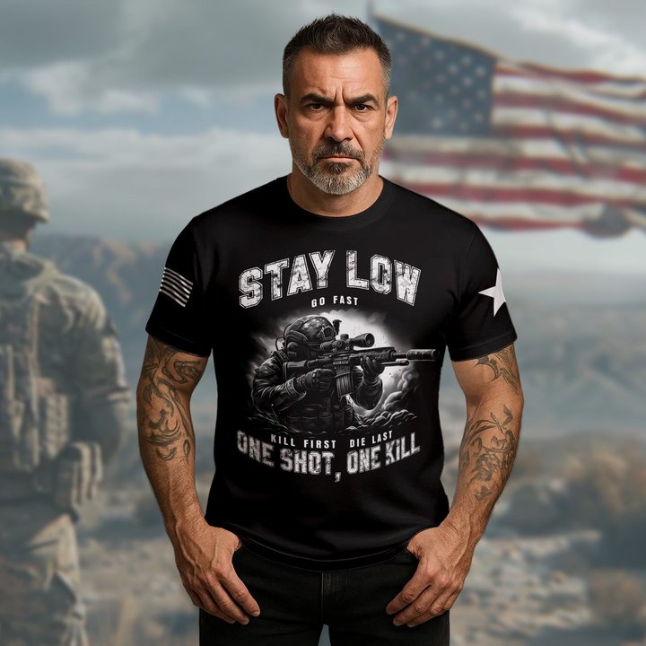 US Veteran Design T-Shirt Stay Low One Shot One Kill Proud Veteran Clothing