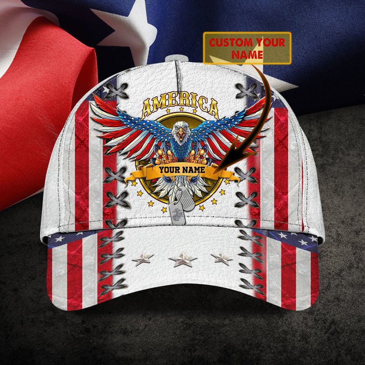 Custom Name Veteran Baseball Cap Patriotic Bald Eagle Dog Tags Hat Gift For Brothers