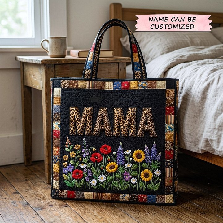 Custom Name Mama Quilted Tote Bag Vintage Floral Patchwork Handbag Gift For Step Mom