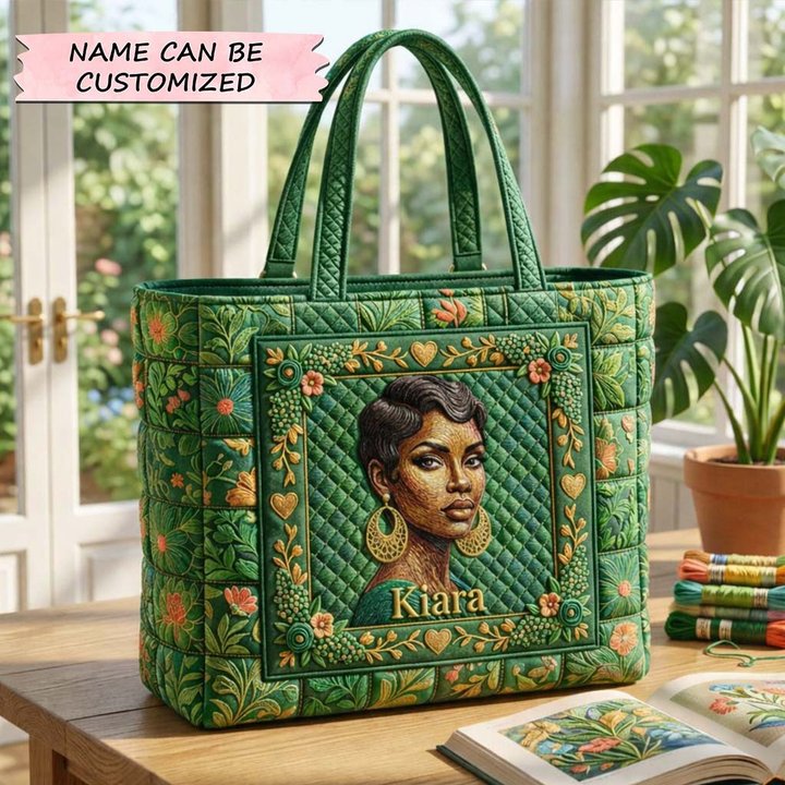 Customized Woman Portrait Quilted Tote Bag Vintage Flora Handbag Unique Gift For Mom