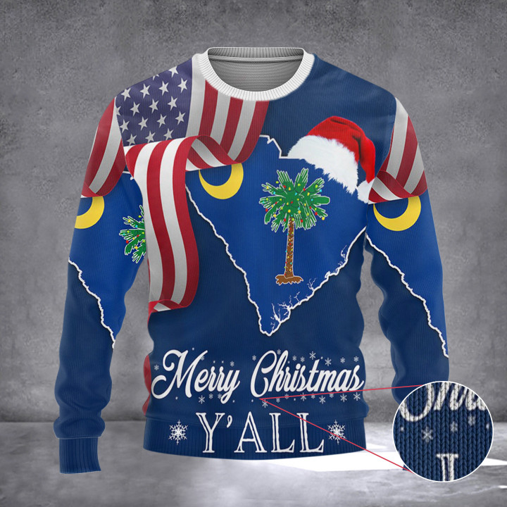 South Carolina Merry Christmas Y'all Ugly Xmas Sweater Palm Tree Holiday Xmas Crewneck