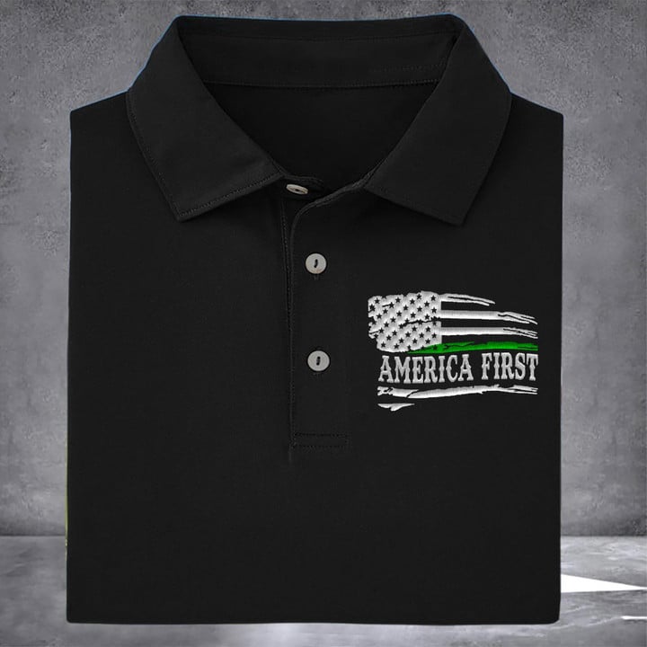 America First Thin Green Line Polo Shirt Support Military Patriotic Gifts For Veterans