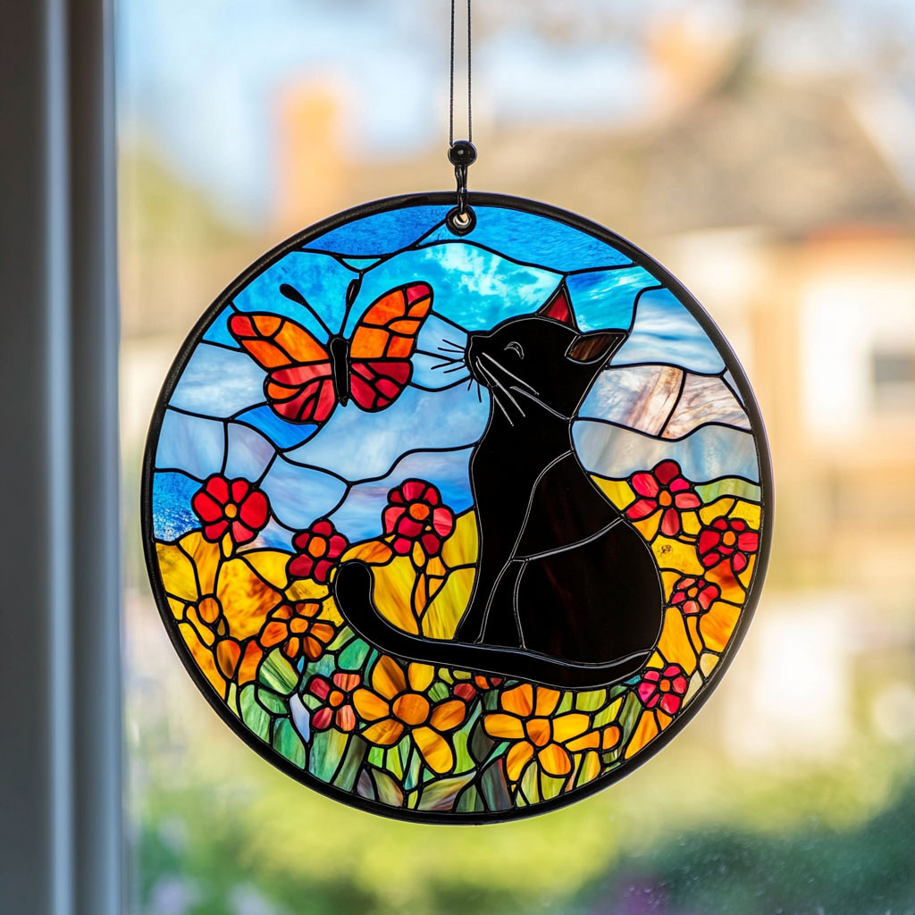 Black Cat Stained Glass Suncatcher Window Hanging Decorations Unique ...