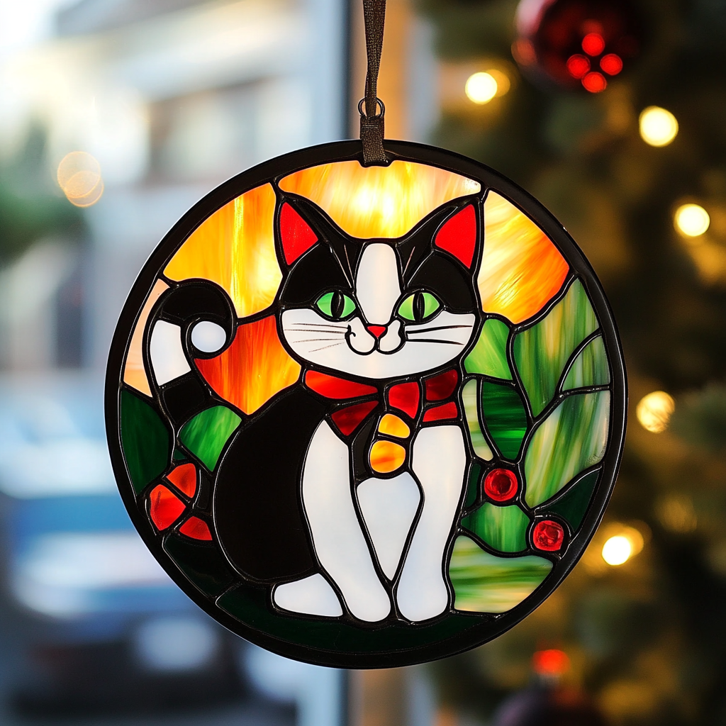 Christmas Cat Stained Glass Suncatcher Window Hanging Decorations Items ...