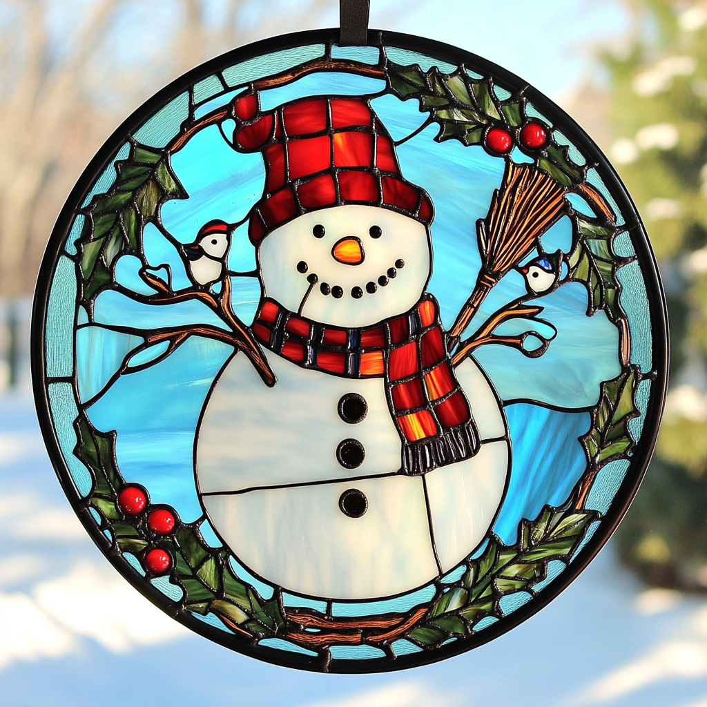 Snowman Bliss Stained Glass Suncatcher Hanging Window Christmas Tree ...