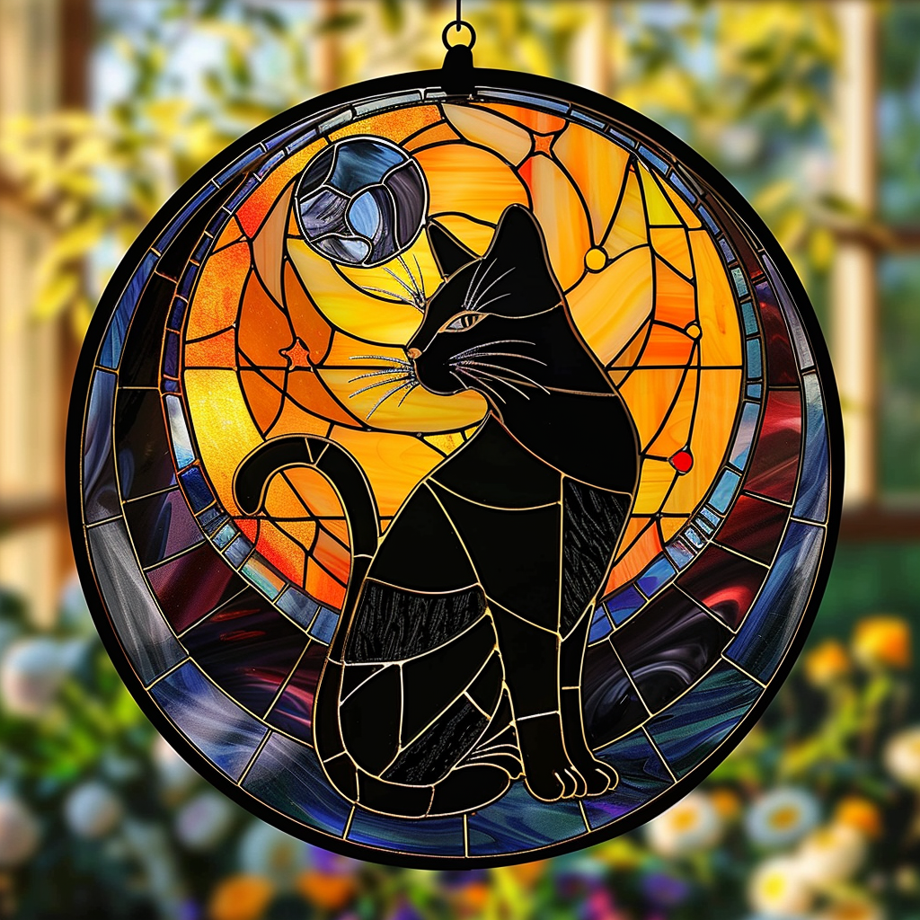 Mystic Black Cat Stained Glass Suncatcher Decorations Items Gifts For ...