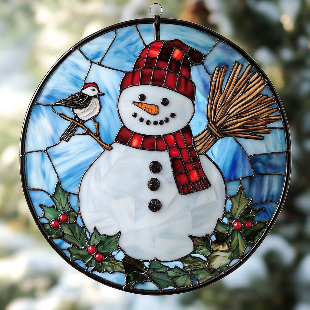 Merry Snowman Stained Glass Suncatcher Hanging Window Christmas Tree ...