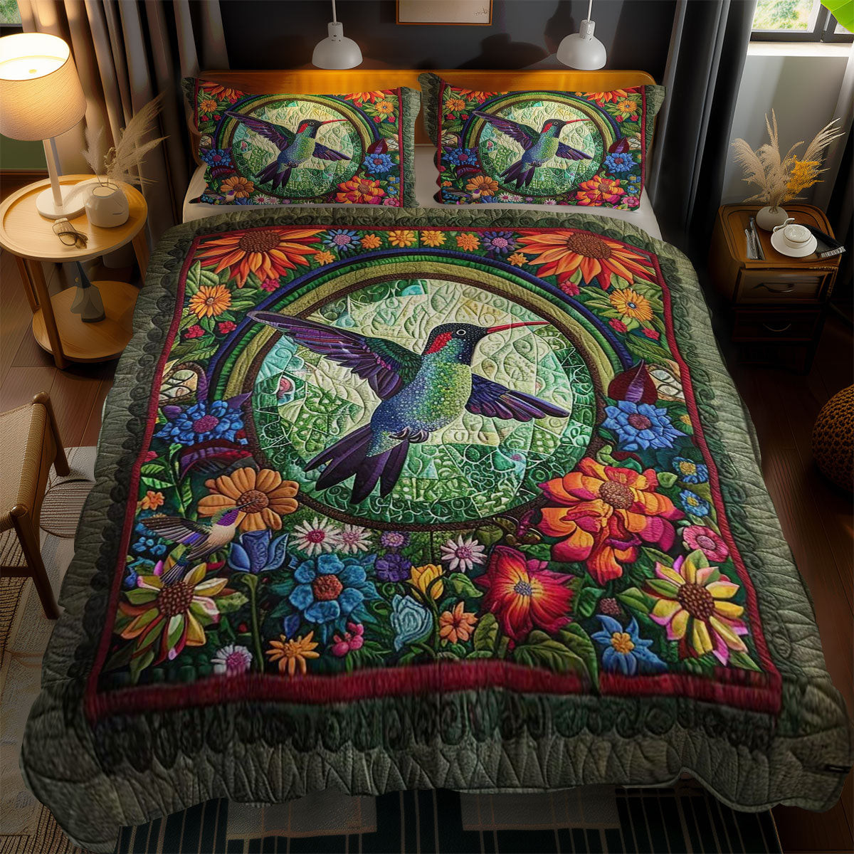 Hummingbird Floral Harmony Quilt Bedding Set Merry Christmas Duvet ...